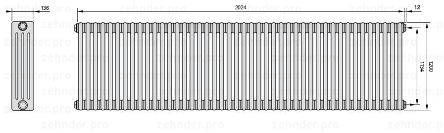 Схема (чертеж) Радиатор Zehnder Charleston 4120/44 №7610 Белый глянцевый RAL 9016